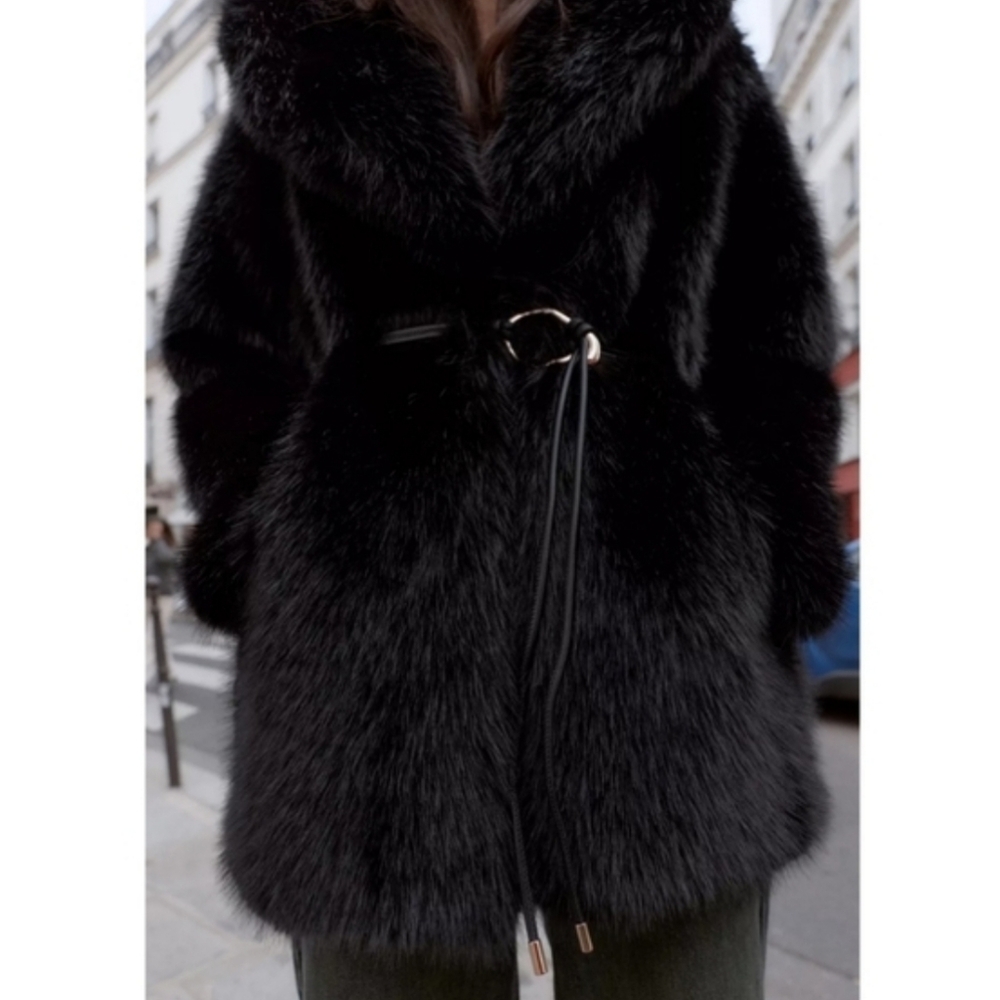 Zara FAUX FUR COAT WITH BELT BLACK - Picture 13 of 16